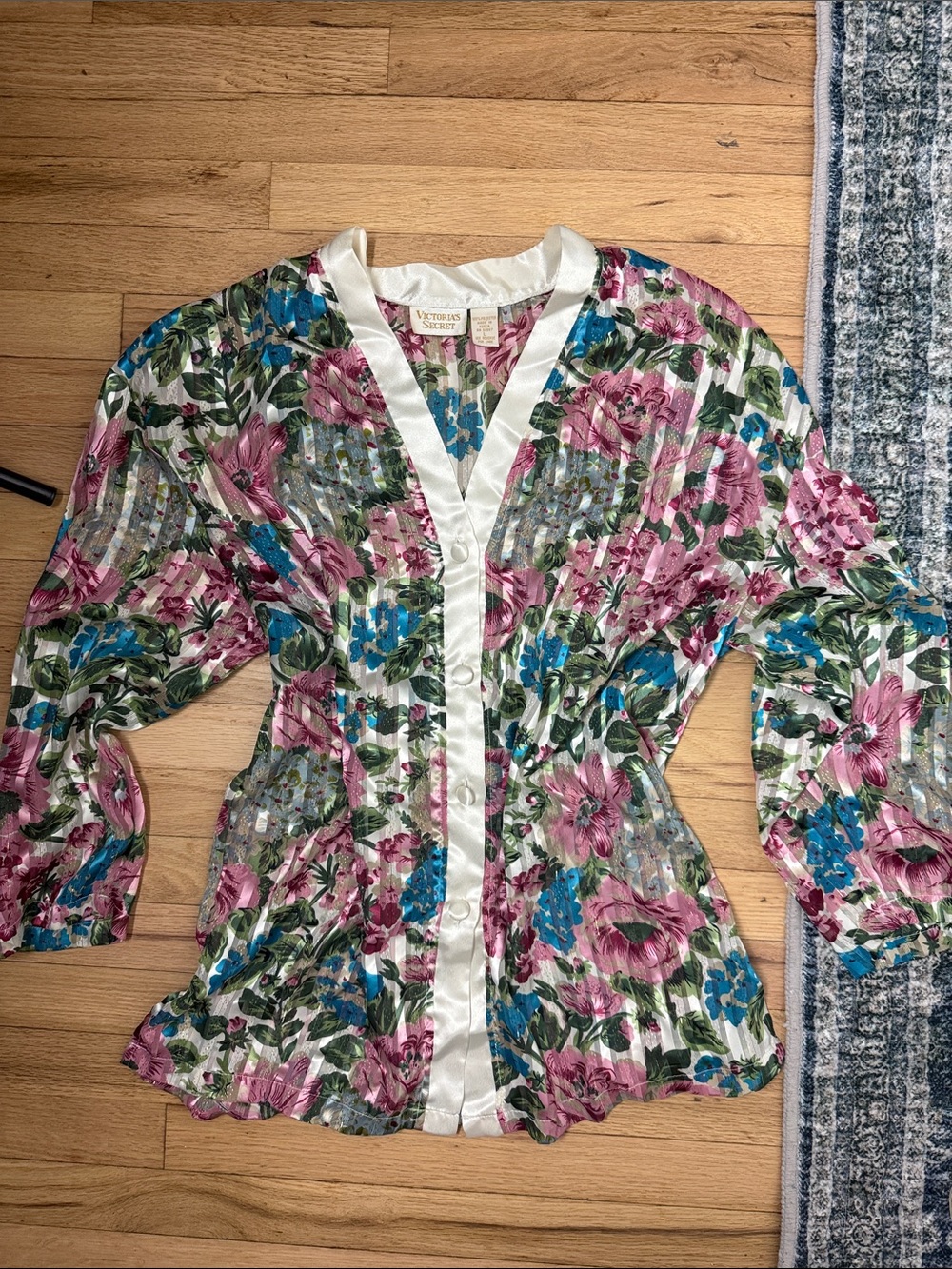 Vintage Gold Label Victoria Secret striped floral sleep shirt sheer panel Large